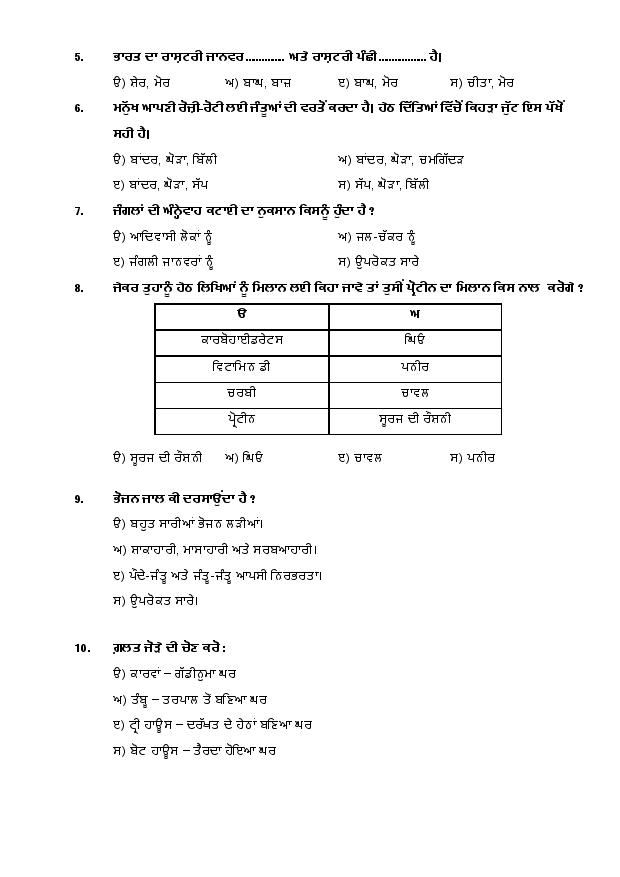 Punjab Board 5th Environmental Science Model Test Paper 2024: Download ...